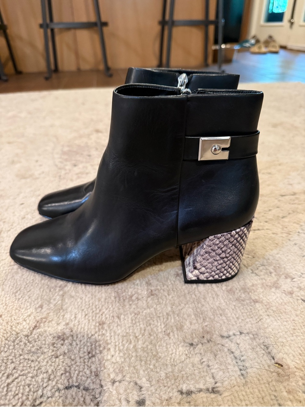 Vince Camuto Black Leather Wedge Booties with Snakeskin Block Heel